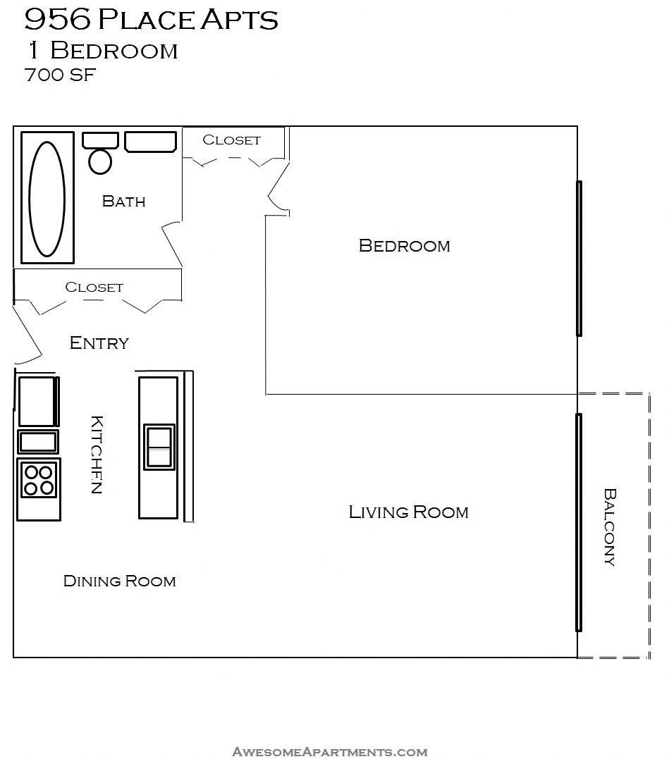 Floor plan for 1 bed, 1 bath, 700 sqft
